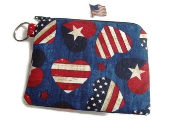 Mini Coin Change Zipper Pouch Purse for Jewelry, Pill Case,  Ear Buds in Deep Blue Patriotic Hearts Print