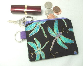 Mini Coin Change Zipper Pouch Purse for Jewelry, Pill Case, Ear Buds in Black Iridescent Dragonflies Print