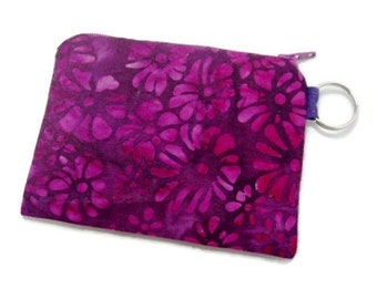 Mini Coin Change Zipper Pouch Purse for Jewelry, Pill Case, Ear Buds in Magenta Scattered Petals Batik Print