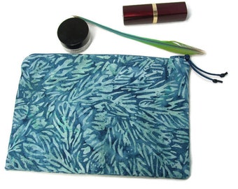 Padded  Zipper Cosmetic Jewelry Pouch in Ocean Leaves Batik Print