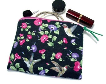 Padded Zipper Cosmetic Pouch in Morning Glory Hummingbird Print