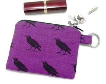 Mini Coin Change Zipper Pouch Purse for Jewelry, Pill Case,  Ear Buds in Purple and Black Ravens Print