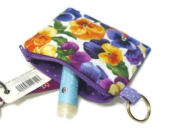Mini Coin Change Zipper Pouch Purse for Jewelry, Pill Case, Ear Buds in Plentiful Pansies Print