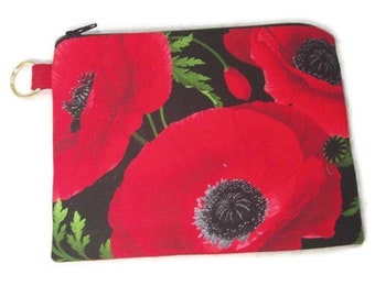 Padded Zipper Pouch with Gold  Split Ring in Wild Poppy Floral Print