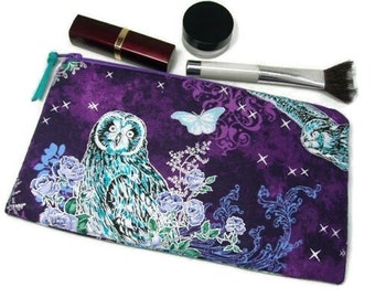 Long Padded Pencil Cosmetic Art Brush Zipper Pouch In Mystic Moon-  Nighttime Owls  Print