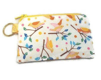 Mini Coin Change Zipper Pouch Purse for Jewelry, Pill Case,  Ear Buds in Yellow Feathered Friends Print