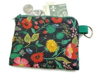 Mini Coin Change Zipper Pouch Purse for Jewelry, Pill Case, Ear Buds in Black Rifle Paper Camont Floral Print