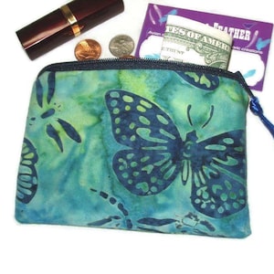 Small Padded Zipper Pouch in Blue and Green Batik Butterfly Print