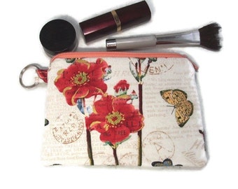 Padded Zipper Pouch with Silver Split Ring in Bookshelf Botanical Print