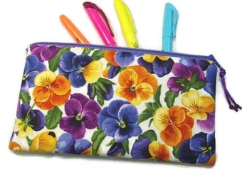 Long Padded Pencil Cosmetic Art Brush Zipper Pouch In Plentiful Pansies Print