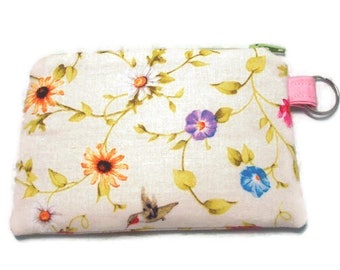 Padded Zipper Pouch with Silver Split Ring in Hummingbird and Morning Glory Print