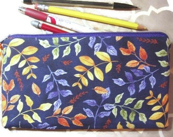 Long Padded Pencil Cosmetic Art Brush Zipper Pouch In Season of Leaves Botanical Print