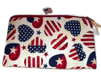 Padded Zipper Pencil, Cosmetic, Art Supplies  Pouch in Vintage Stars & Stripes- Patriotic Hearts Print