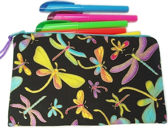 Long Padded Pencil Cosmetic Art Brush Zipper Pouch In Magic Wings Dragonfly Print