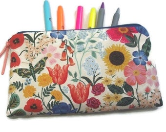 Long Padded Pencil Cosmetic Art Brush Zipper Pouch In Rifle Paper Curio Blossom Floral Print