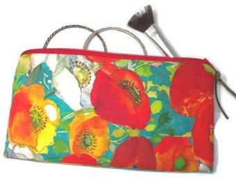 Long Padded Pencil Cosmetic Art Brush Zipper Pouch In Poppy Dreams Floral Print