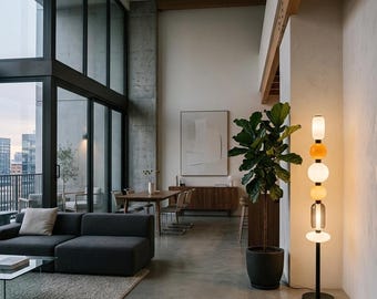 Handmade Glass Globe Floor Lamp – Stacked Amber White Smoky Shades, Modern Standing Light, Unique Home Decor Gift