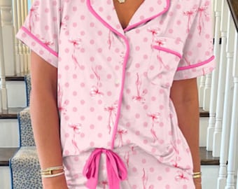 Pink Bow Print Contrast Pipping Short Pajamas Set