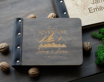 Wooden Couples Adventure Book, Travel Photo Album, Custom Honeymoon Scrapbook