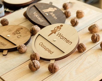 Letrero de tocador, placa de puerta de baño, baño vacío/ocupado, letrero de inodoro, iconos de WC para hombres y mujeres