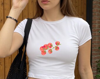 Retro Tomato Graphic Tee, Tomato Girl Baby Tee, Coquette Baby Tee, 90s Baby T-Shirt, Y2K Aesthetic, Vintage Fruit Print, Foodie Shirt