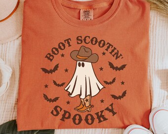 Comfort Colors® Boot Scootin Spooky Tee, Halloween Ghost Shirt, Cowboy Ghost Shirt, Halloween Cute Spooky T-Shirt, Western Halloween Shirt