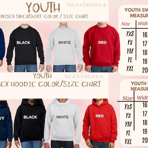 May include: Image showing youth unisex sweatshirts and hoodies in navy, black, white, and red. Size charts for sweatshirts and hoodies are included, detailing width and length measurements in inches. The text "YOUTH" and "UNISEX" are visible.