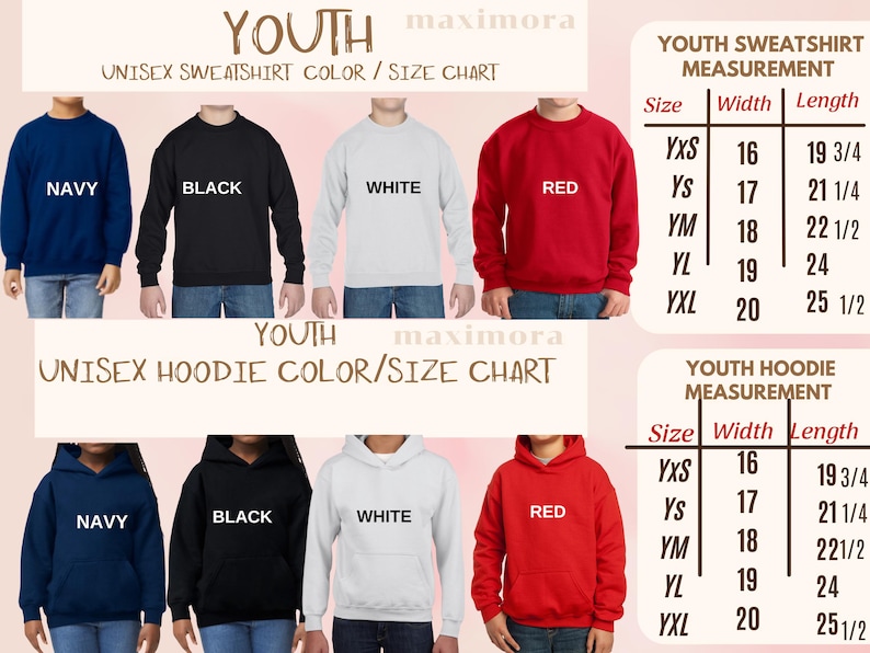 May include: Image showing youth unisex sweatshirts and hoodies in navy, black, white, and red. Size charts for sweatshirts and hoodies are included, detailing width and length measurements in inches. The text "YOUTH" and "UNISEX" are visible.