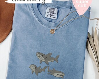 Embroidered Shark Comfort Colors® T-Shirt, Cute Ocean Animal Tee, Whale Shark, Hammerhead, and Great White Shirt, Marine Life Gift Idea