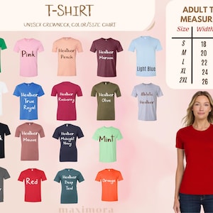 May include: A colour chart shows t-shirts in various hues, such as green, pink, and blue, with size measurements in inches. The text "T-SHIRT" is at the top. A woman models a red t-shirt.