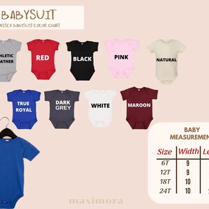 May include: A baby bodysuit colour chart with options in athletic heather, red, black, pink, and natural. Additional colours include true royal, dark grey, white, and maroon. A blue bodysuit hangs on a hanger. Measurement chart included.
