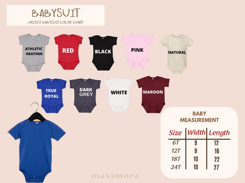 May include: A baby bodysuit colour chart with options in athletic heather, red, black, pink, and natural. Additional colours include true royal, dark grey, white, and maroon. A blue bodysuit hangs on a hanger. Measurement chart included.