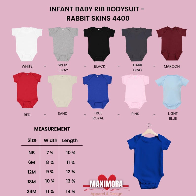 Puede incluir: Bodies de beb&eacute; de canal&eacute; en varios colores, incluyendo blanco, negro y rojo. La imagen muestra una tabla de tallas con medidas en cent&iacute;metros. El texto dice "INFANT BABY RIB BODYSUIT - RABBIT SKINS 4400" e incluye el logo de Maximora Apparel & Design.