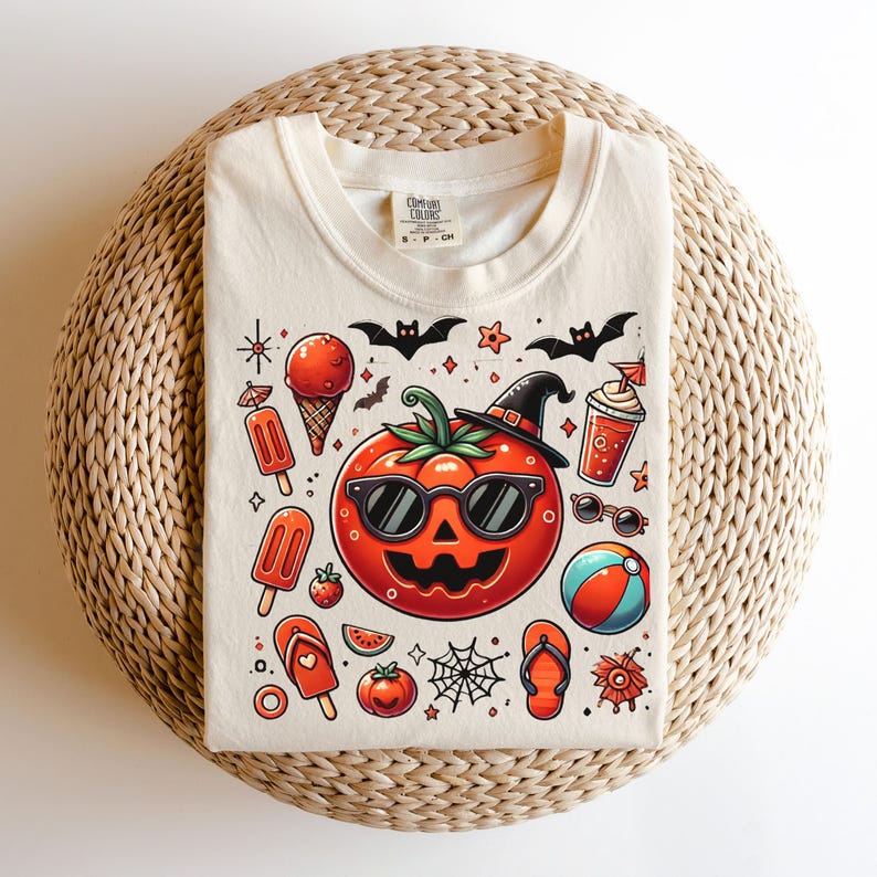May include: A cream-colored t-shirt featuring a central graphic of a jack-o'-lantern wearing sunglasses and a witch hat, surrounded by summer-themed icons like ice cream, popsicles, flip-flops, a beach ball, bats, and a spider web.