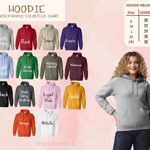 May include: A grey unisex hoodie with a front pocket, shown with a colour chart of various hoodie colours. The chart includes sizes and measurements: S (51cm width, 69cm length), M (56cm width, 71cm length), L (61cm width, 74cm length), XL (66cm width, 76cm length), and 2XL (71cm width, 79cm length).