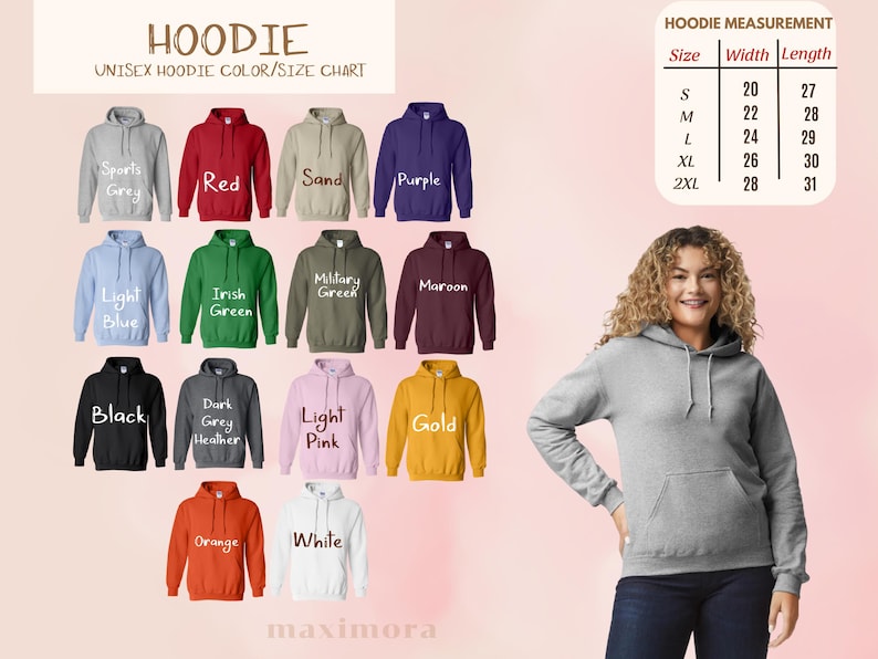 May include: A grey unisex hoodie with a front pocket, shown with a colour chart of various hoodie colours. The chart includes sizes and measurements: S (51cm width, 69cm length), M (56cm width, 71cm length), L (61cm width, 74cm length), XL (66cm width, 76cm length), and 2XL (71cm width, 79cm length).