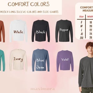 Puede incluir: Una exhibici&oacute;n de camisetas de manga larga en varios colores, incluyendo Yam, Blanco, Negro, Pimienta, Seafoam, Marfil, Azul Jean y Violeta. La imagen tambi&eacute;n incluye una tabla de tallas con medidas en pulgadas y el texto "COMFORT COLORS".