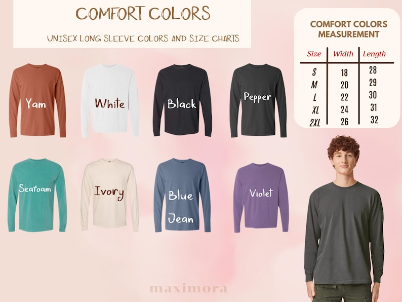 Puede incluir: Una exhibici&oacute;n de camisetas de manga larga en varios colores, incluyendo Yam, Blanco, Negro, Pimienta, Seafoam, Marfil, Azul Jean y Violeta. La imagen tambi&eacute;n incluye una tabla de tallas con medidas en pulgadas y el texto "COMFORT COLORS".