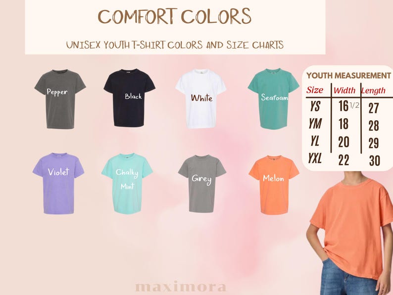Puede incluir: Una exhibici&oacute;n de camisetas Comfort Colors para j&oacute;venes en varios colores, incluyendo negro, blanco y violeta. La imagen incluye una tabla de tallas con medidas en cm para tallas juveniles YS a YXL. El texto "COMFORT COLORS" est&aacute; en la parte superior.