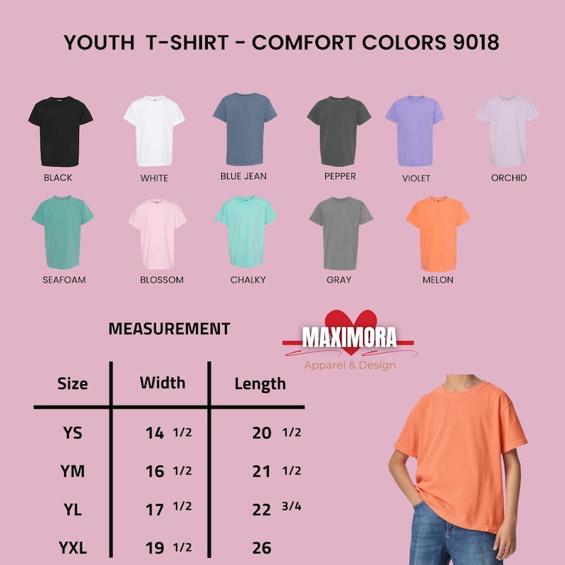Puede incluir: Se muestra una camiseta juvenil de color mel&oacute;n, junto con una carta de colores de los disponibles. La carta incluye negro, blanco, azul vaquero, pimienta, violeta, orqu&iacute;dea, espuma de mar, flor, calc&aacute;reo y gris. Tambi&eacute;n se proporcionan medidas.