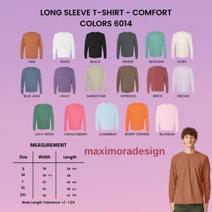 May include: A long sleeve t-shirt colour chart displaying 15 different shades including yam, white, black, pepper, seafoam, ivory, blue jean, violet, sandstone, espresso, brick, orchid, light green, crunchberry, chambray, burnt orange, and blossom.