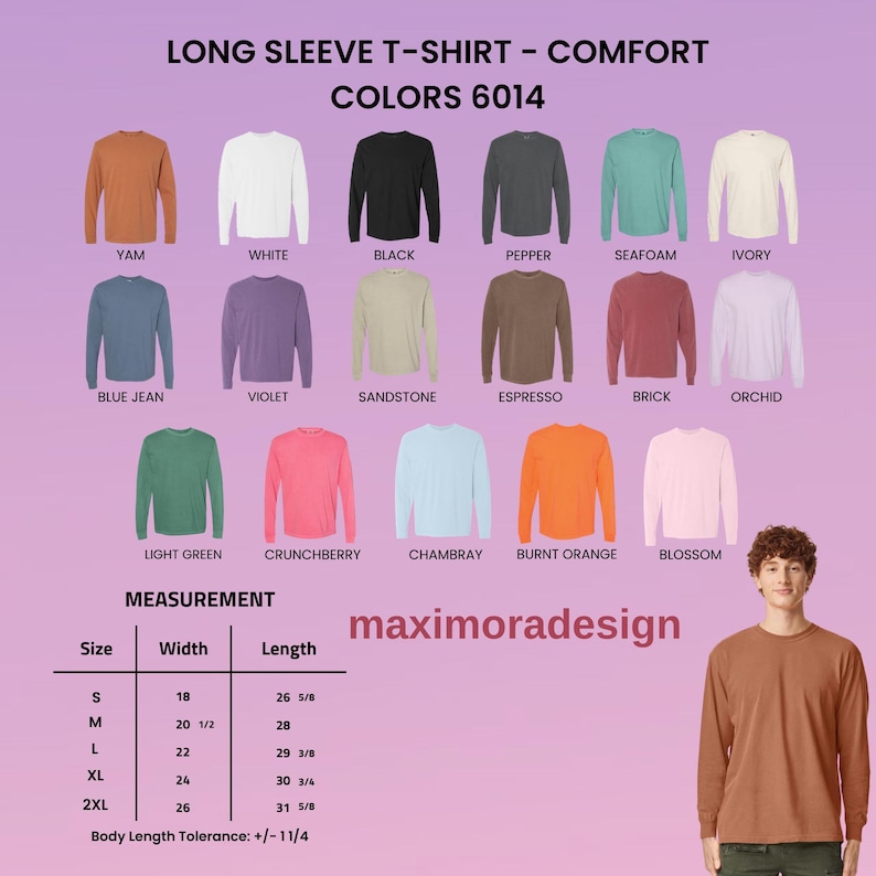 May include: A long sleeve t-shirt colour chart displaying 15 different shades including yam, white, black, pepper, seafoam, ivory, blue jean, violet, sandstone, espresso, brick, orchid, light green, crunchberry, chambray, burnt orange, and blossom.