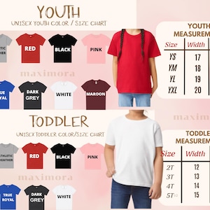 May include: Image showing a youth and toddler unisex t-shirt colour and size chart. The chart displays various t-shirt colours, including red, black, and pink. Measurement details are provided in inches for youth and toddler sizes.