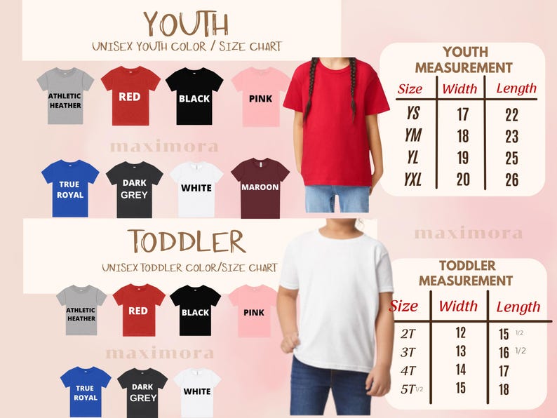 May include: Image showing a youth and toddler unisex t-shirt colour and size chart. The chart displays various t-shirt colours, including red, black, and pink. Measurement details are provided in inches for youth and toddler sizes.