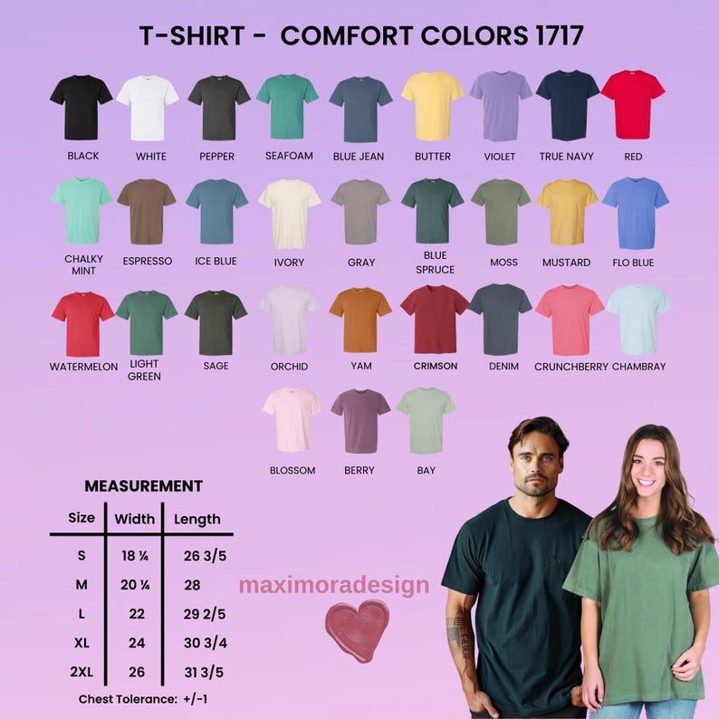 May include: A display of Comfort Colors 1717 t-shirts in various colors, including black, white, and red. The image includes a size chart with measurements in inches and a heart graphic. Two people are wearing t-shirts.