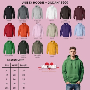 May include: A selection of unisex hoodies in colours such as black, grey, and red. The image includes a size chart with measurements in inches, equivalent to cm, and the brand logo. The hoodies are Gildan 18500.