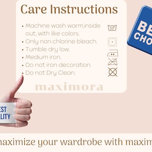 May include: Image showing clothing care instructions, including washing at 30&deg;C, non-chlorine bleach, tumble dry low, and medium iron. A blue tag says "BEST CHOICE" and a hand holds a sign that says "BEST QUALITY". The brand name is maximora.