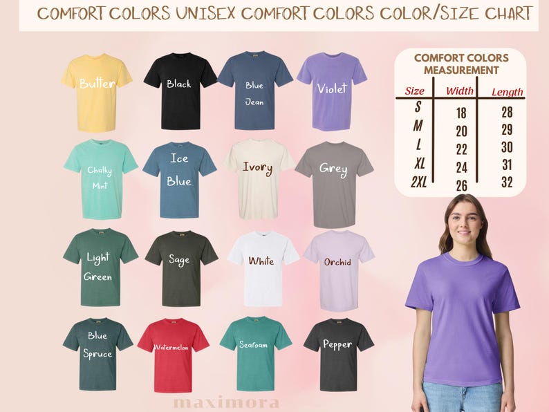 Puede incluir: Una tabla de colores para camisetas unisex Comfort Colors. La tabla muestra camisetas en varios colores, como Mantequilla, Negro, Azul Vaquero y Violeta. Una tabla de tallas muestra las medidas en cm para las tallas S a 2XL. Una mujer modela una camiseta morada.