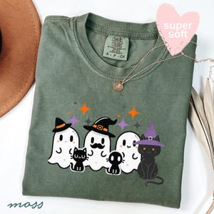 Halloween Black Cat & Ghost Comfort Colors Shirt, Halloween Ghost Tshirt, Spooky Season Cat Tee, Halloween Cute Women Outfit, Halloween Gift