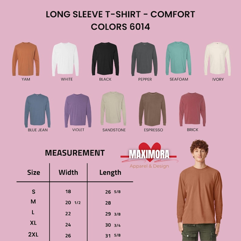 Puede incluir: Imagen de camisetas de manga larga en varios colores, como Yam, Blanco, Negro, Pimienta, Espuma de mar e Marfil. Una tabla de tallas muestra las medidas en cent&iacute;metros. El texto dice "LONG SLEEVE T-SHIRT - COMFORT COLORS 6014".